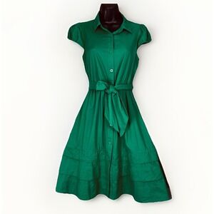 Anthropologie Maeve 100% Cotton Green 4 Fit Flare Tier Dress Button Collar Belt